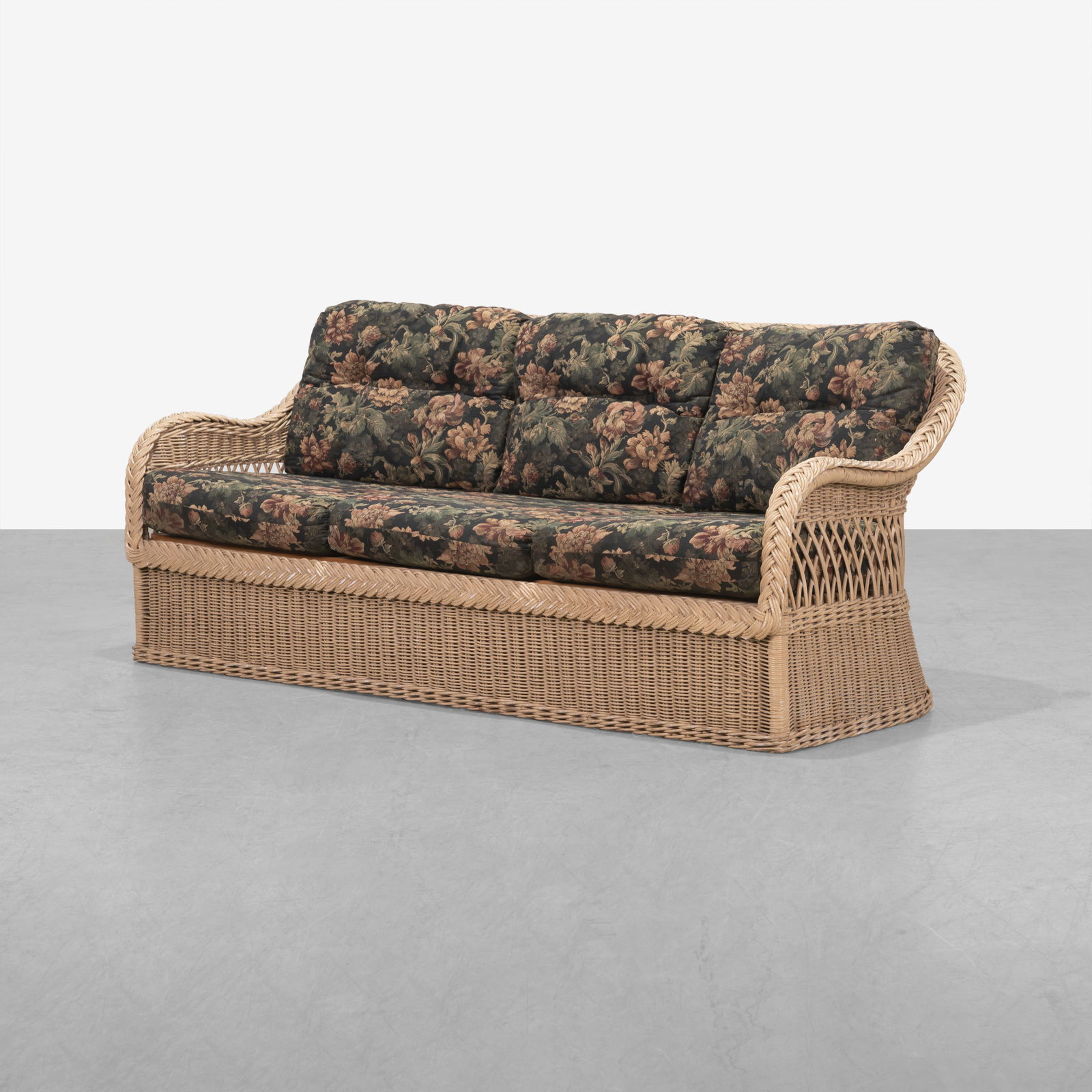 Bielecky Brothers - Wicker Sofa: Bielecky Brothers three seat wicker sofa. All measurements are in inches. Height x Width x Depth