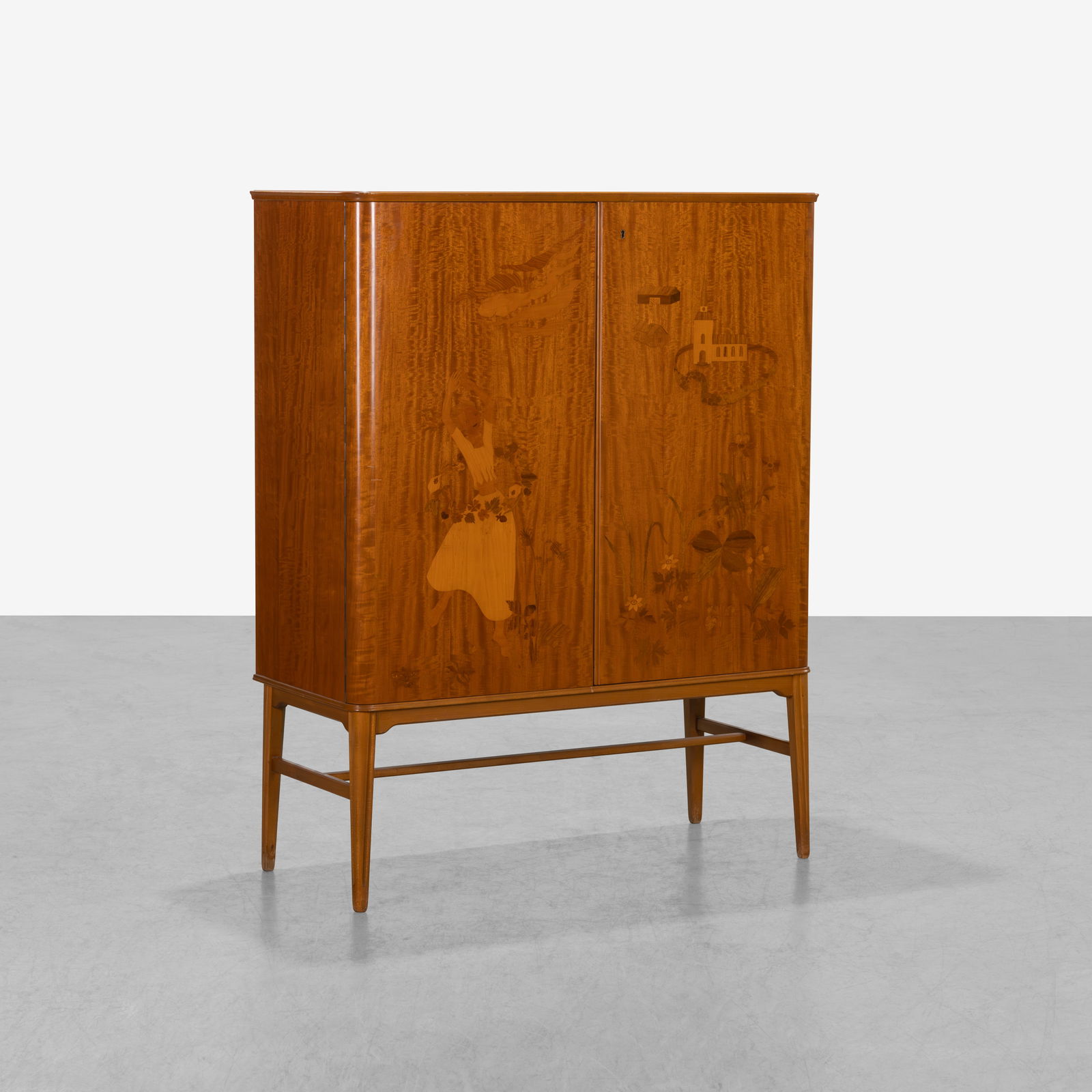 Erik Mattsson - Inlaid Cabinet: A birch inlaid cabinet by Erik Mattsson, Sweden. All measurements are in inches. Height x Width x Depth