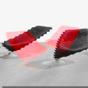 Pierre Paulin - Lounge Chairs: A pair of F557 lounge chairs by Pierre Paulin for Artifort. One chair with label on underside. All measurements are in inches. Height x Width x Depth