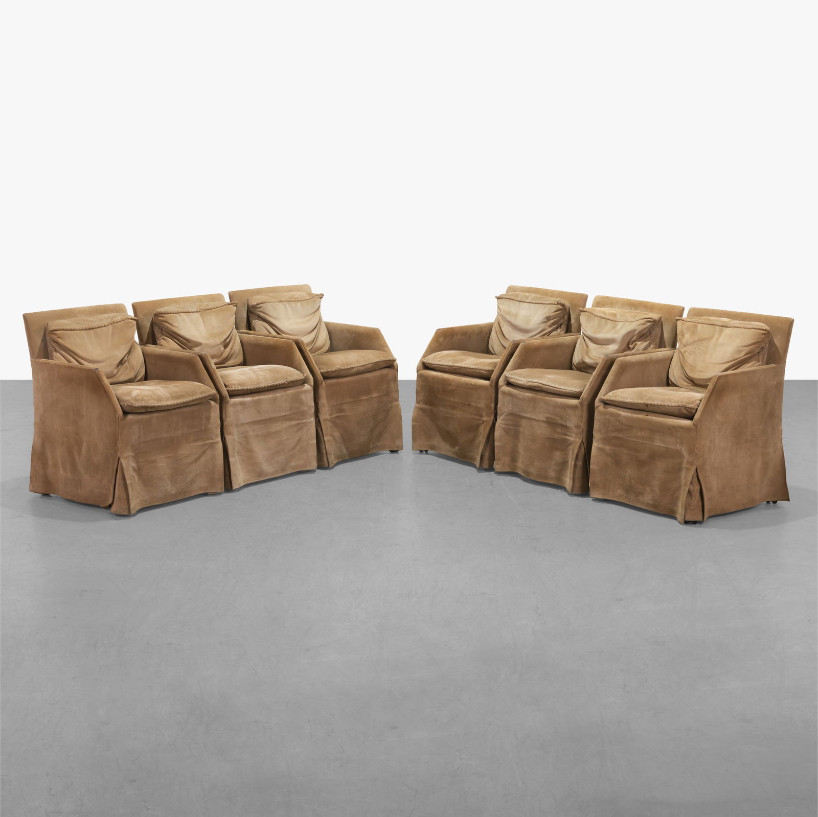 John Saladino - Villa Chairs: A set of six 'Villa' chairs in suede by John Saladino on casters. Label on bottom. All measurements are in inches. Height x Width x Depth