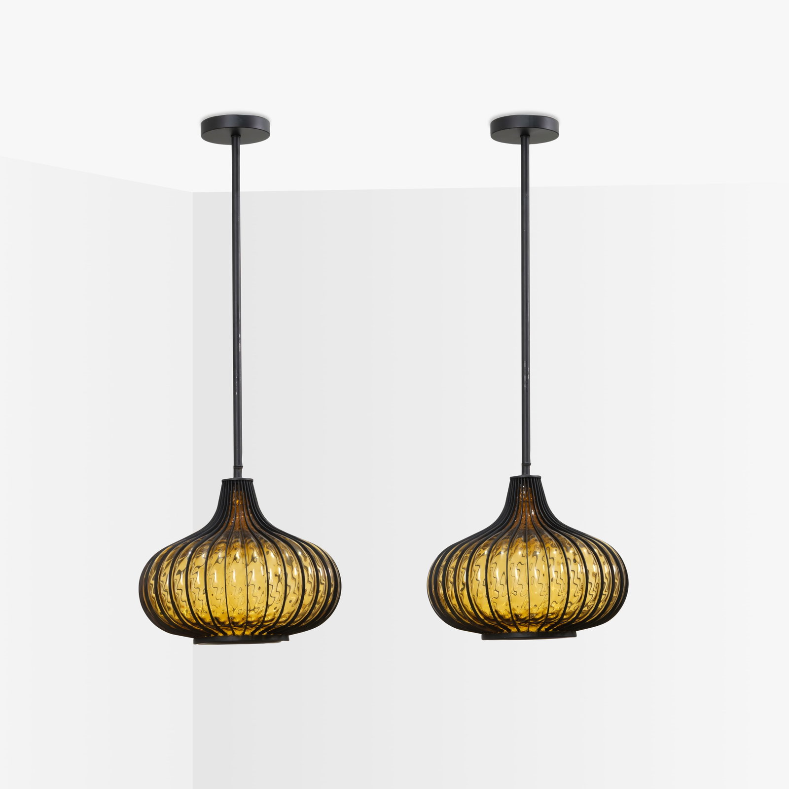Lightcraft of California - Onion Pendants: a rare pair of 'Onion' pendants in amber glass by Lightcraft of California. All measurements are in inches. Height x Width x Depth