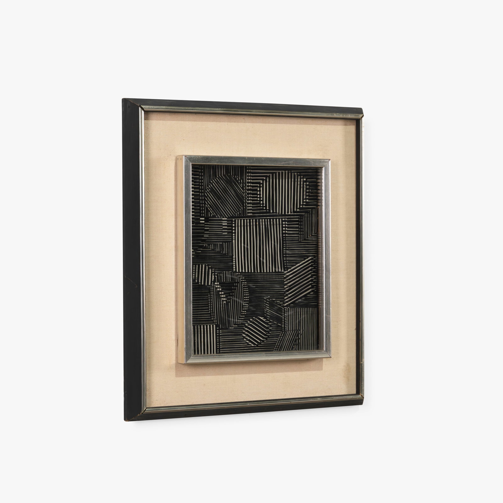 Victor Vasarely - Cinetique: A vintage 'Cinetique' sculpture comprised of two stacked pieces of see through film, each with geometric designs, by artist Victor Vasarely titled 'Shiney Black.' Unsigned. Label verso. All measuremen
