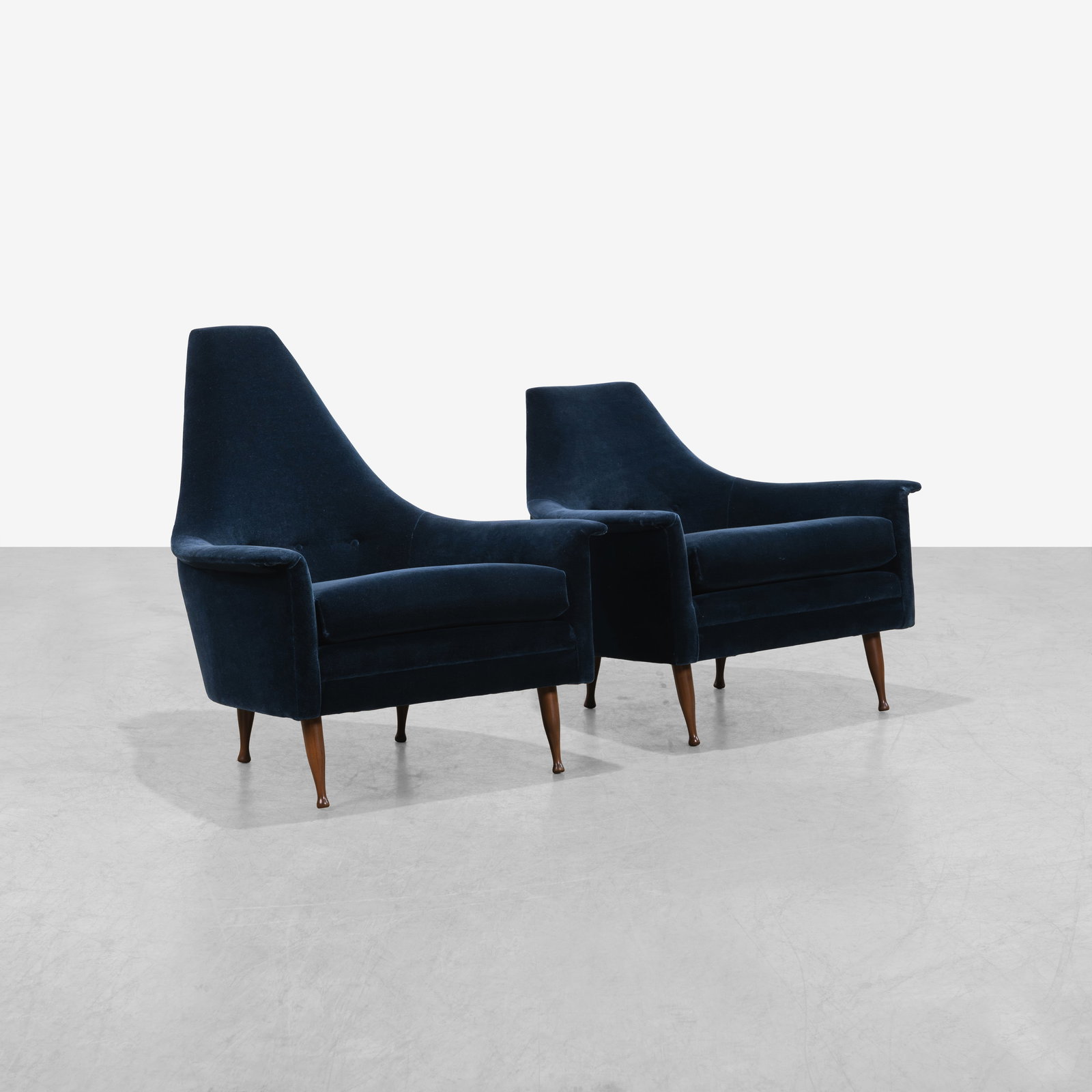 Selig - Lounge Chairs: A set of his and hers lounge chairs by Selig. Fully restored and upholstered in navy blue mohair fabric. His - 36 x 34.5 x 30 / Hers - 29 x 34 x 30 All measurements are in inches. Height x Width x Dep