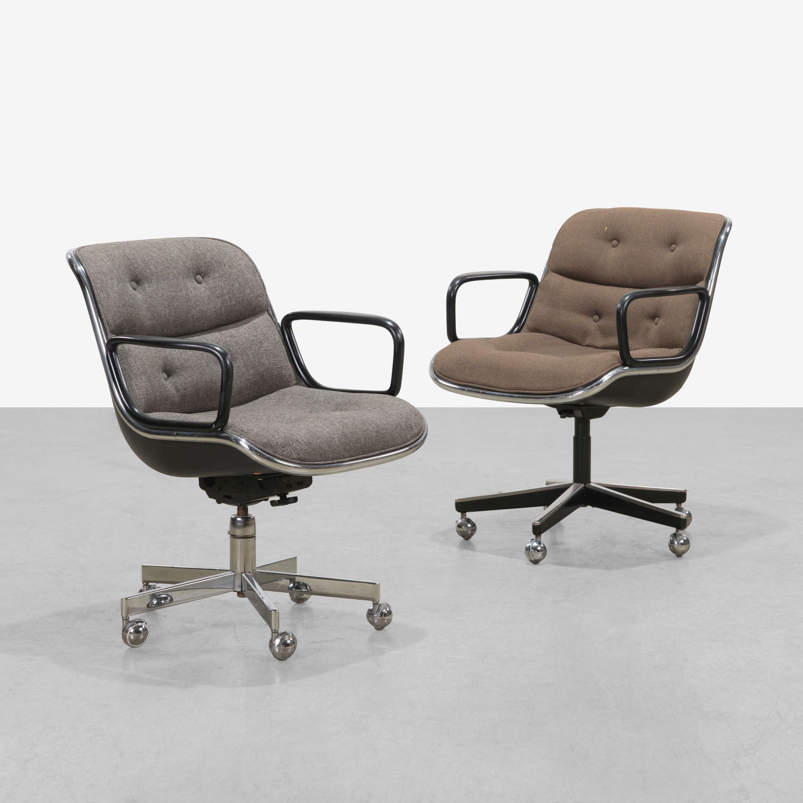 Charles Pollock - Executive Chairs: Two Charles Pollock executive chairs with different upholstery. All measurements are in inches. Height x Width x Depth
