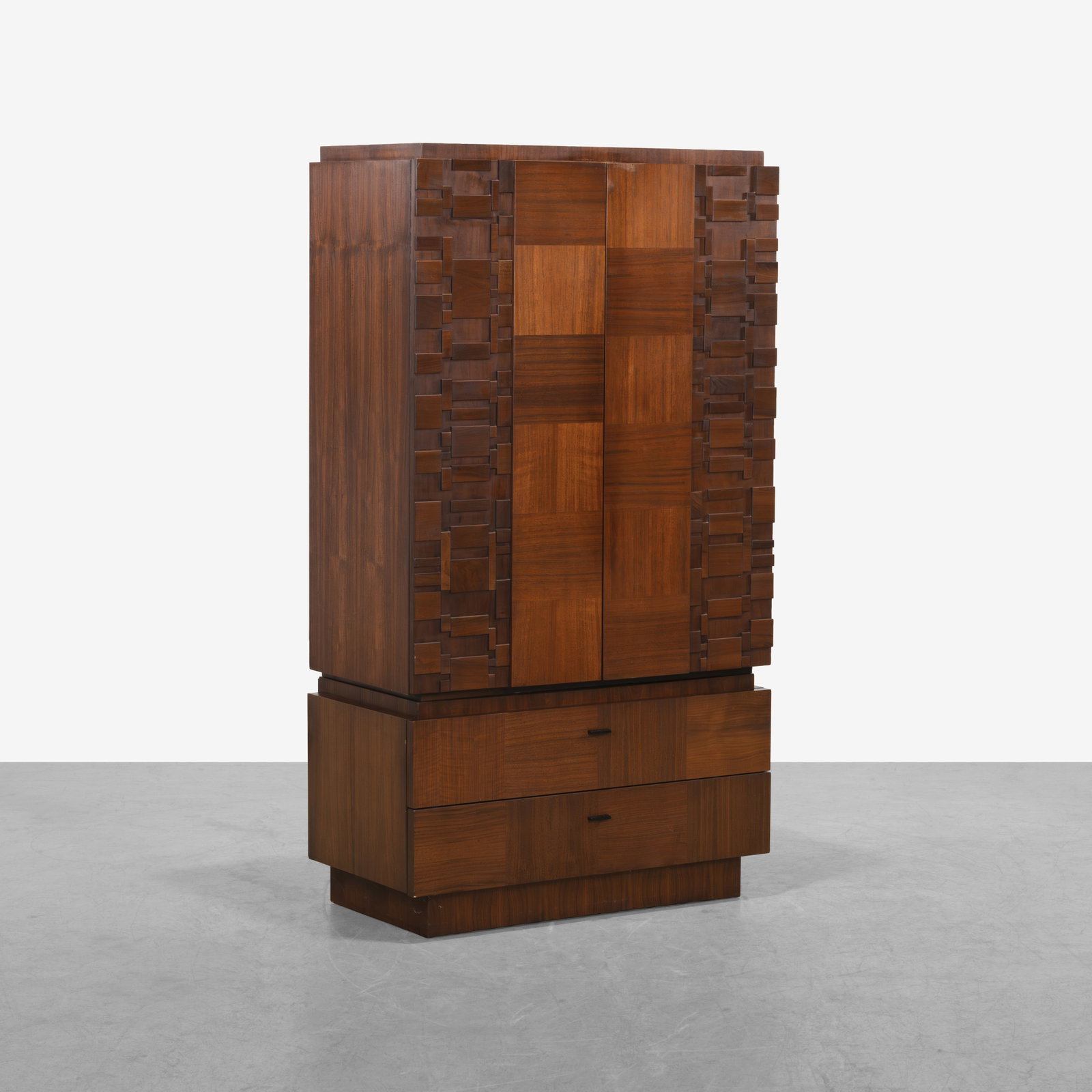 Walnut Brutalist Wardrobe: A vintage, two part, walnut wardrobe. All measurements are in inches. Height x Width x Depth