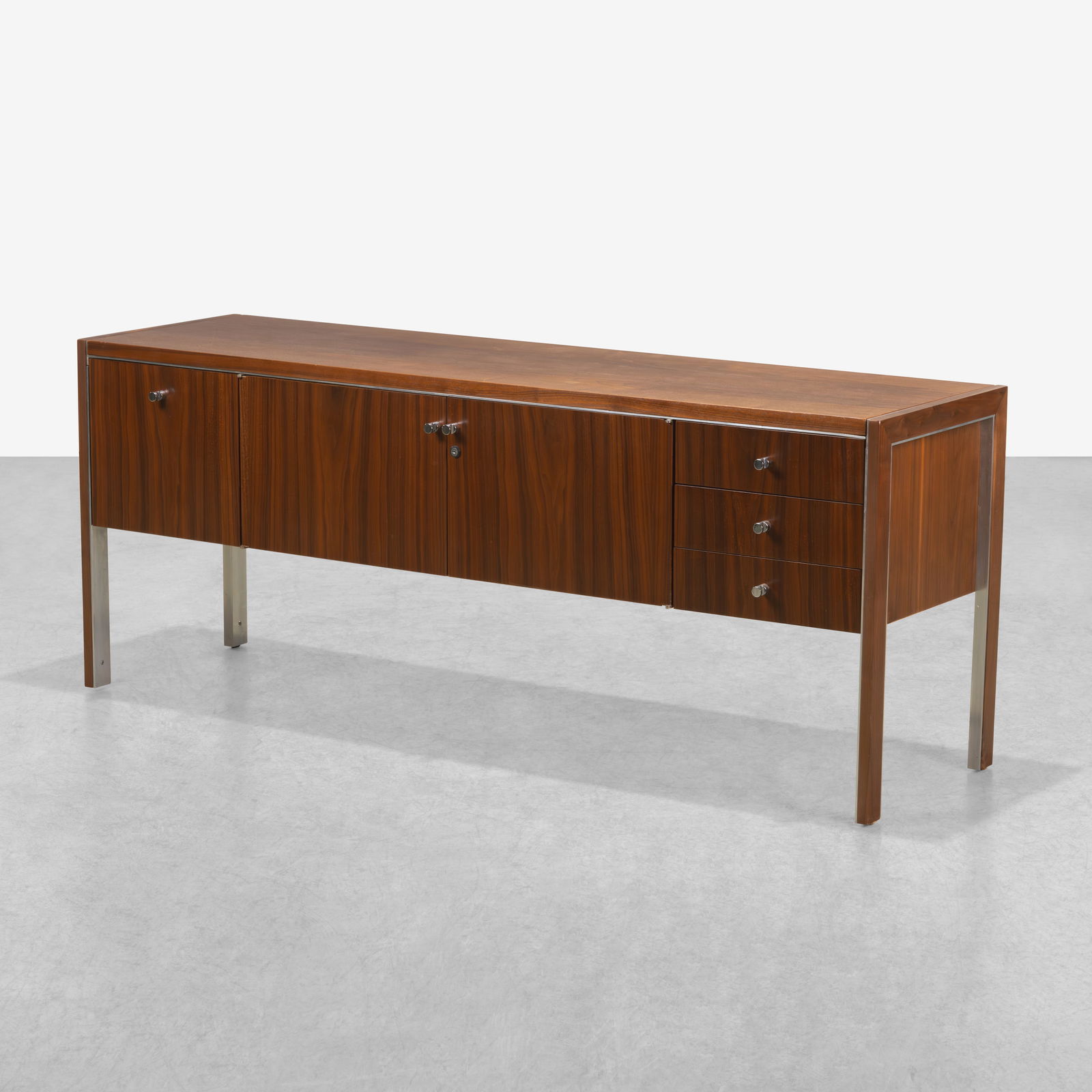 Walnut Credenza: A vintage walnut credenza by Biltrite Furniture. All measurements are in inches. Height x Width x Depth