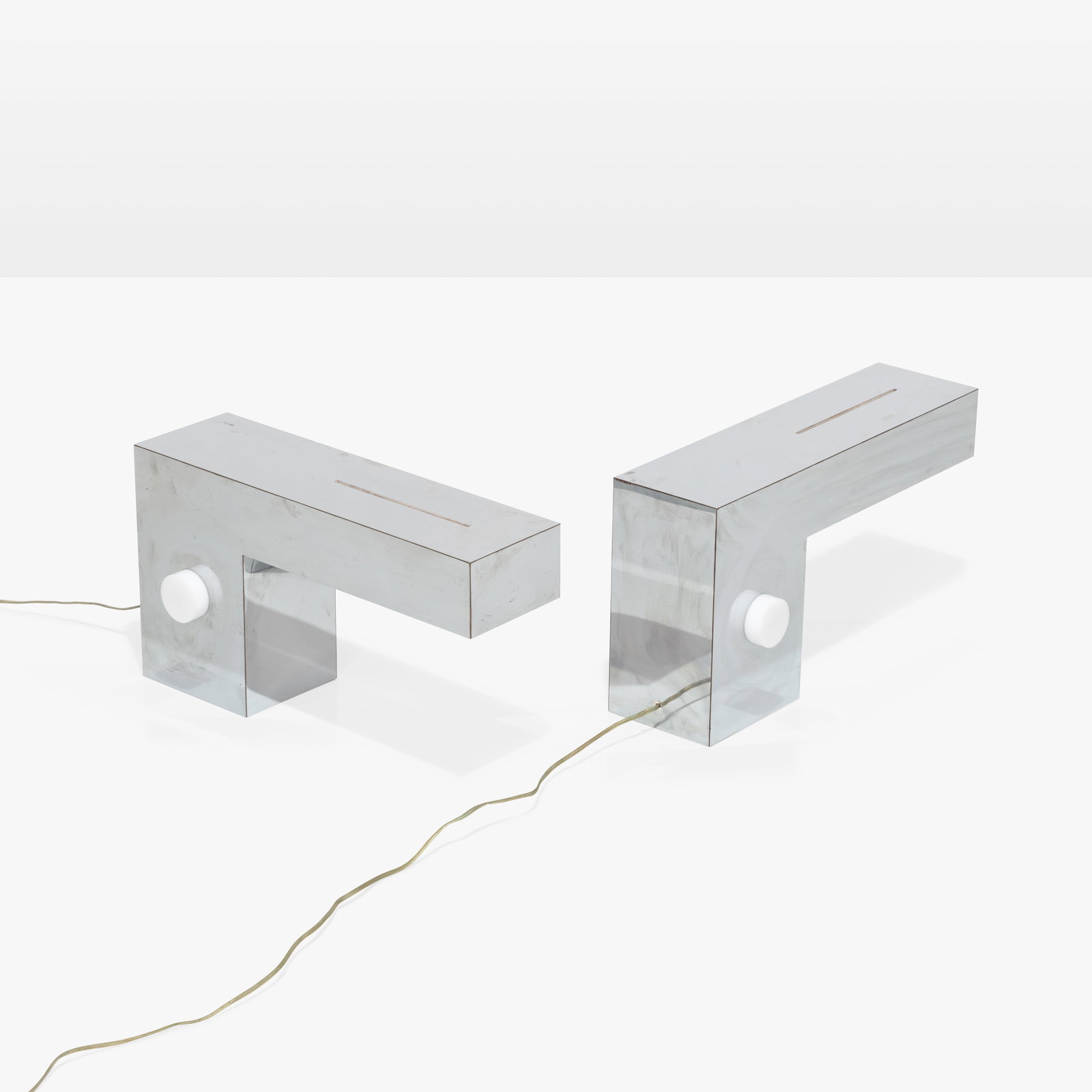 George Kovacs - Desk Lamps: A pair of chromed steel desk lamps by George Kovacs with large plastic dials. All measurements are in inches. Height x Width x Depth