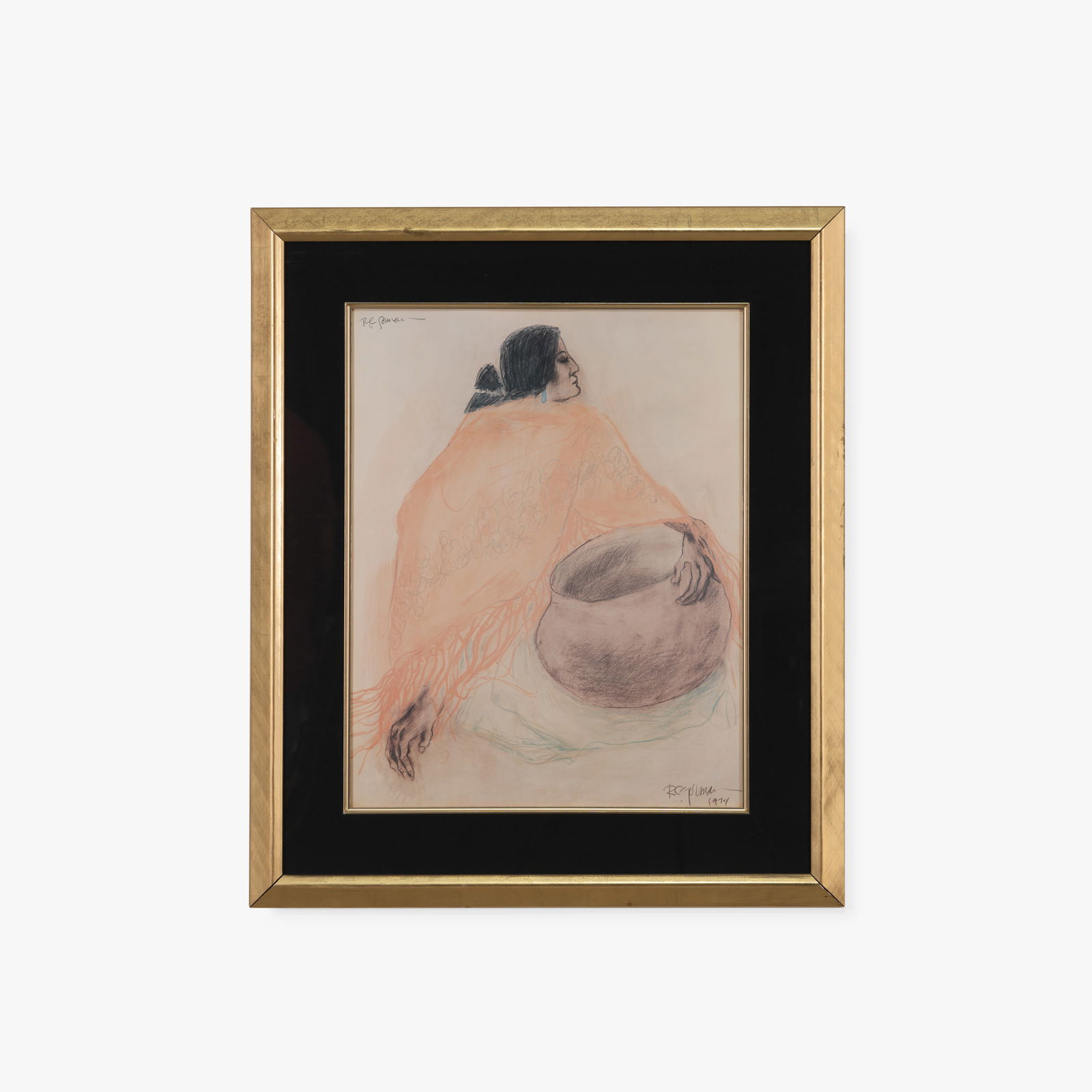 R. C. Gorman - Pastel Woman with Bowl: A original pastel drawing of a woman with a bowl by R. C. Gorman. Signed and dated (1974). Sight - 23" x 28". All measurements are in inches. Height x Width x Depth