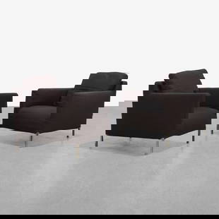 Antonio Citterio - Lounge Chairs: A pair of 'Solo' armchairs by Antonio Citterio for B&B Italia in brown polyester. All measurements are in inches. Height x Width x Depth