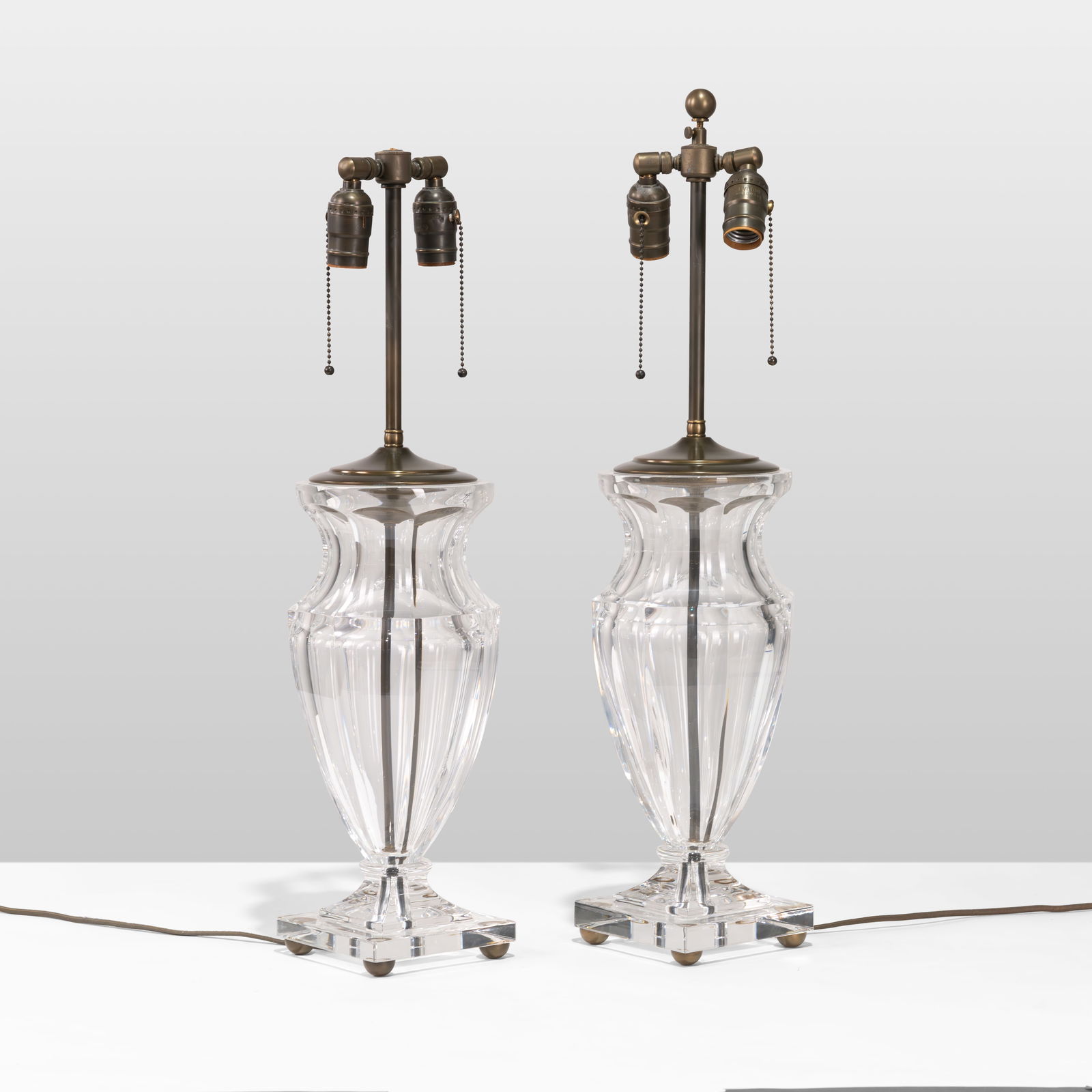 Crystal Lamps: A pair of large crystal lamps. All measurements are in inches. Height x Width x Depth