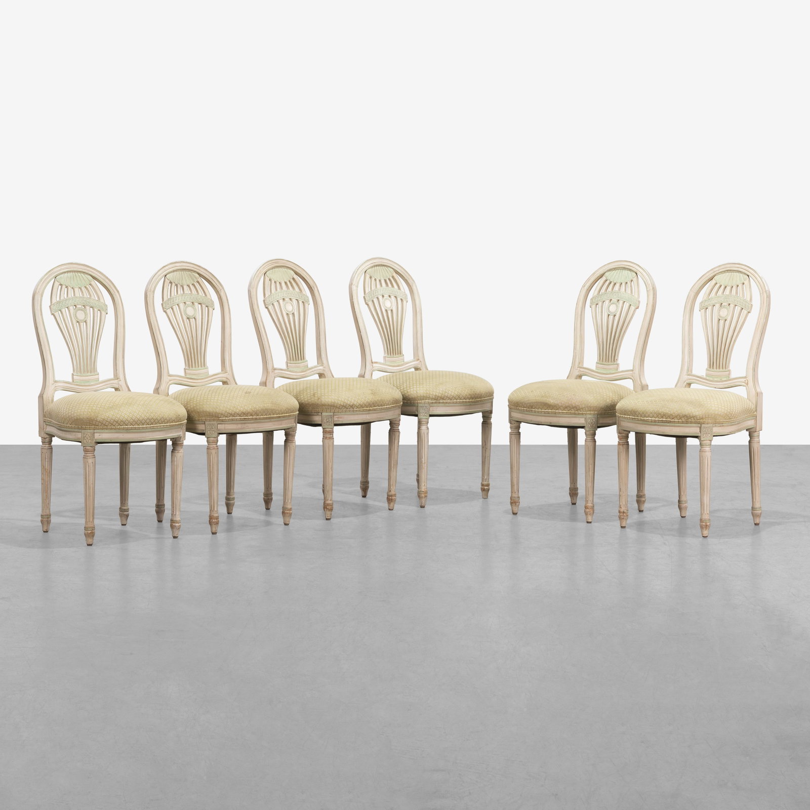 French Balloon Chairs: A set of six French 'Balloon' chairs. All measurements are in inches. Height x Width x Depth