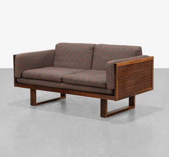 Poul Cadovius - Rosewood Loveseat: A woven rosewood loveseat by Poul Cadovius for France & Son. All measurements are in inches. Height x Width x Depth