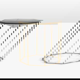 McCollin Bryan - Tallis Table: A faceted resin and brass 'Tallis' occasional table by McCollin Bryan, London. For Holly Hunt. All measurements are in inches. Height x Width x Depth