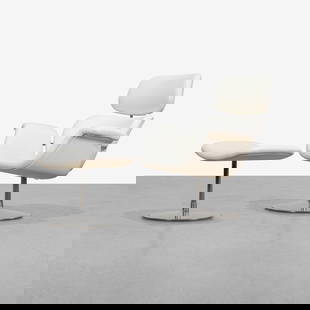 Pierre Paulin - Chair & Ottoman: A Pierre Paulin 'Big Tulip' chair and ottoman for Artifort, France in white leather. All measurements are in inches. Height x Width x Depth