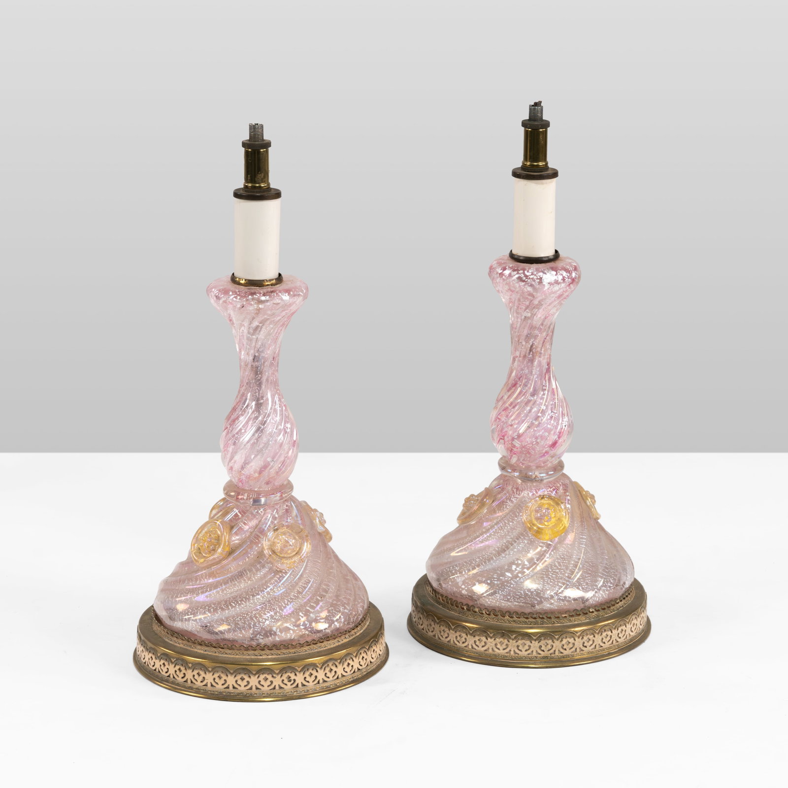 Murano Lamps: A pair of petite pink Murano lamps. All measurements are in inches. Height x Width x Depth