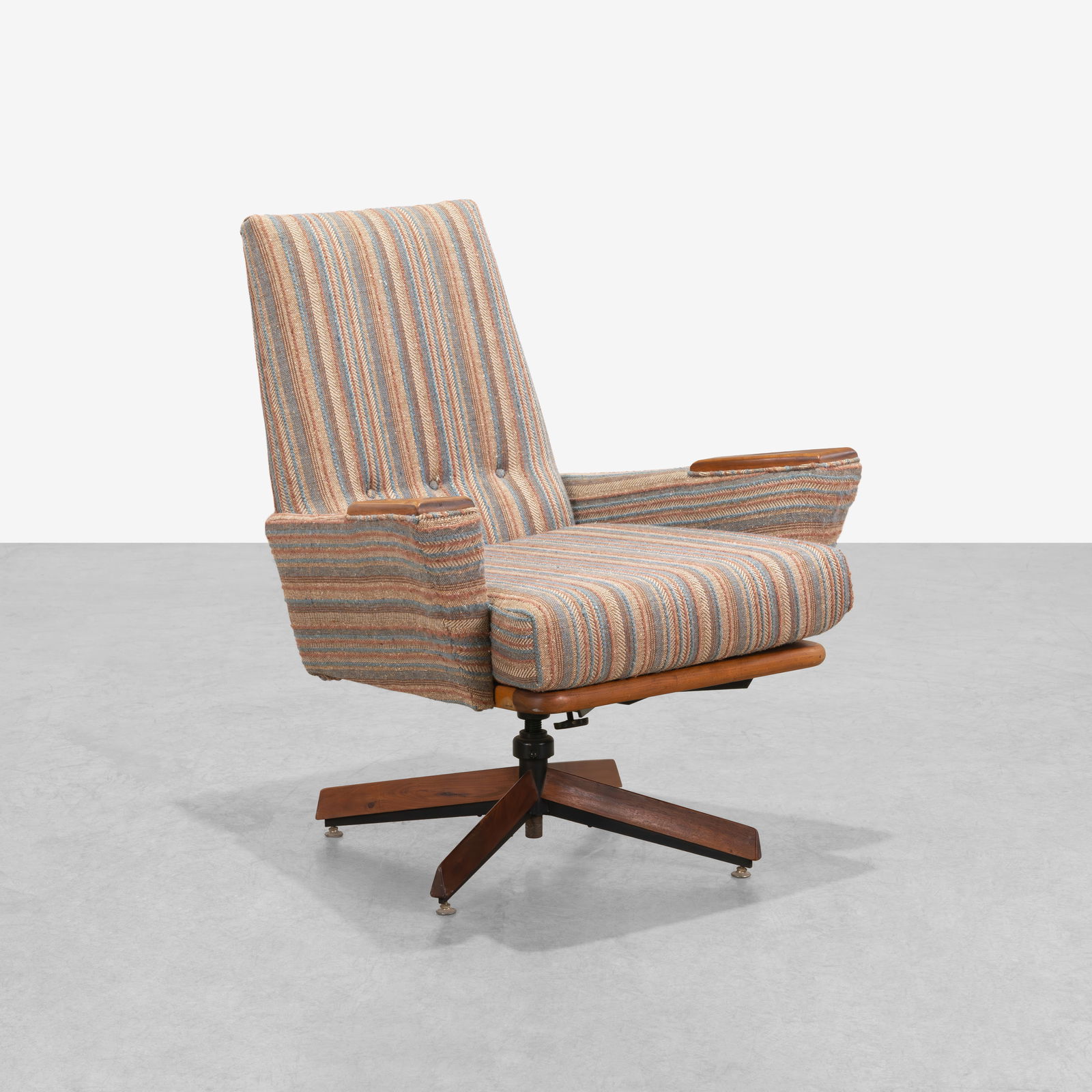 Adrian Pearsall - Swivel Chair: A vintage swiveling lounge chair by Adrian Pearsall with walnut base and arm rests. All measurements are in inches. Height x Width x Depth