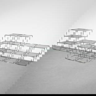 Poul Cadovius - Abstracta Shelf System: A group of nine individual shelves of various sizes and forms by Poul Cadovius. The largest, three shelf units are 37 x 18 x 18. The cubes are 18 x 18 x 18. All measurements are in inches. Height x Wi