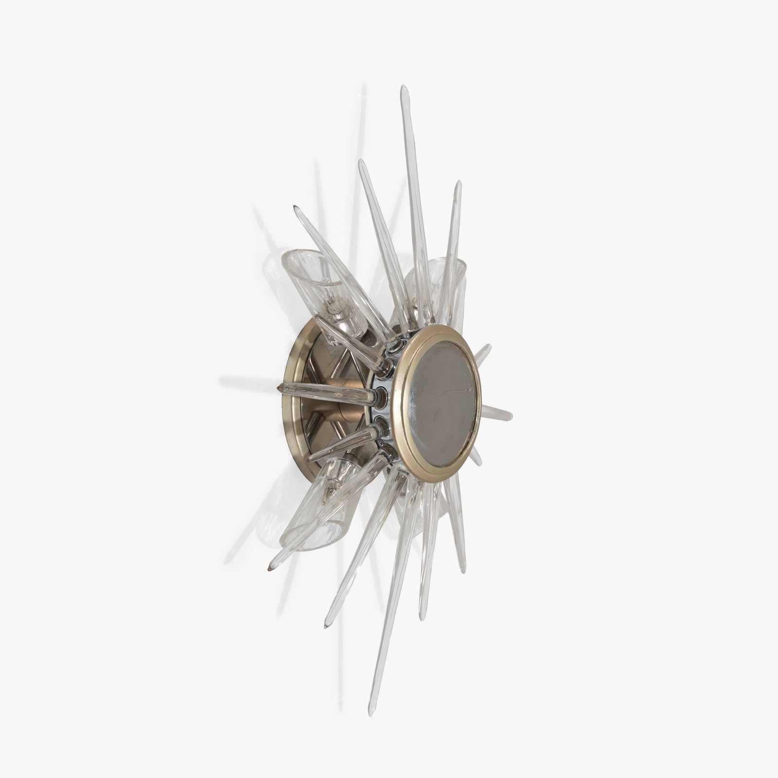 Starburst Sconce: A glass starburst wall sconce with mirrored face. All measurements are in inches. Height x Width x Depth