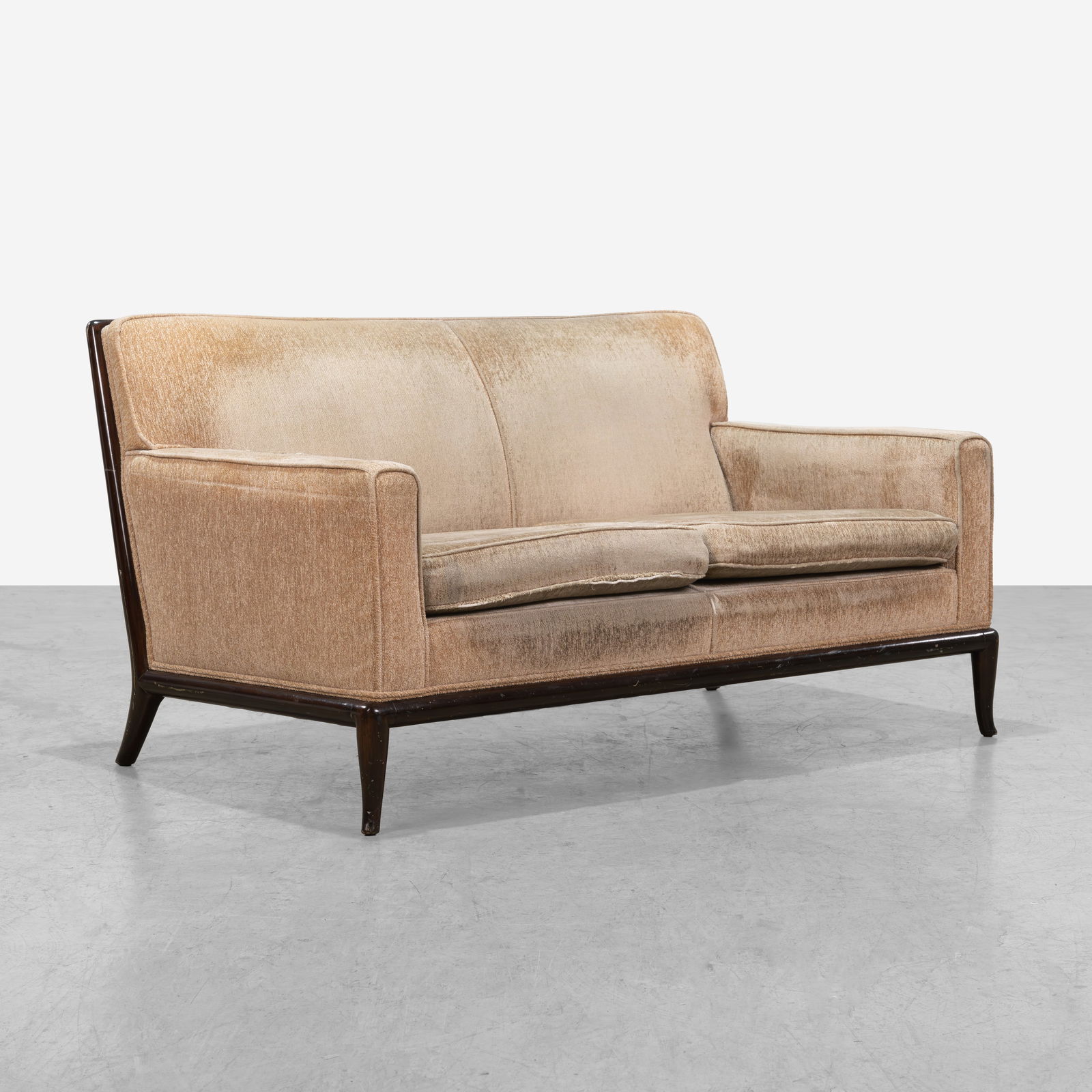 T. H. Robsjohn-GIbbings - Loveseat: A vintage loveseat by T. H. Robsjohn-GIbbings for Widdicomb. Lacking label. All measurements are in inches. Height x Width x Depth