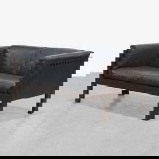 Brian Kane - Loveseat: A pair of ebonized oak and leather loveseats by Brian Kane for Metropolitan Furniture Company. All measurements are in inches. Height x Width x Depth