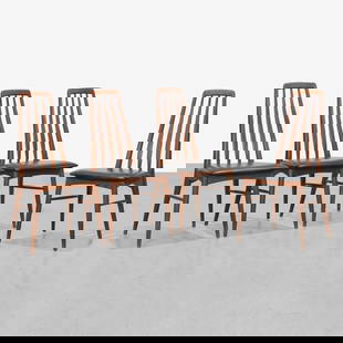 Niels Koefoed - Dining Chairs: A set of four teak 'Eva' dining chairs by Niels Koefoed for Koefoeds Hornslet, Denmark. All measurements are in inches. Height x Width x Depth