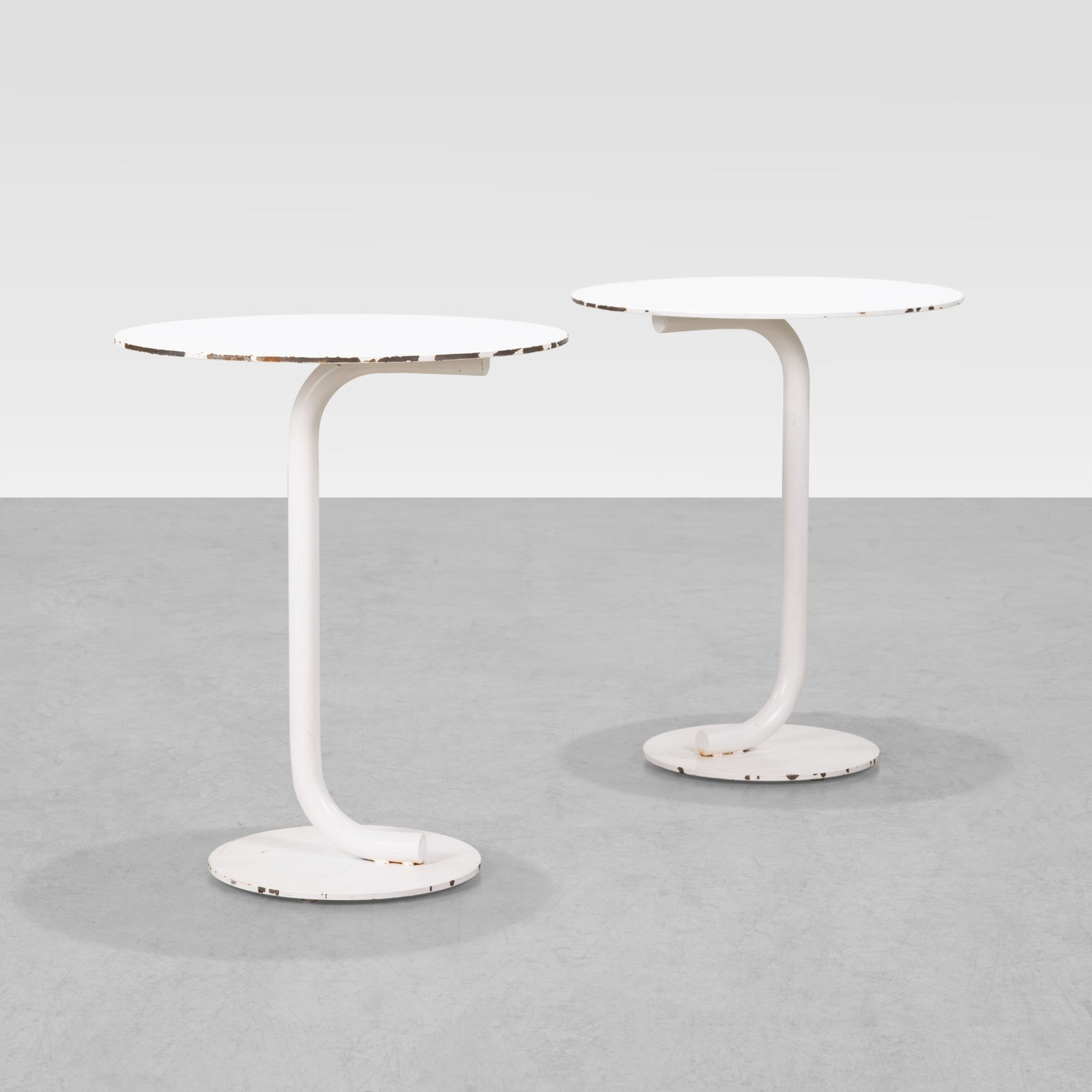 Steel Patio Tables: A pair of steel patio tables. All measurements are in inches. Height x Width x Depth