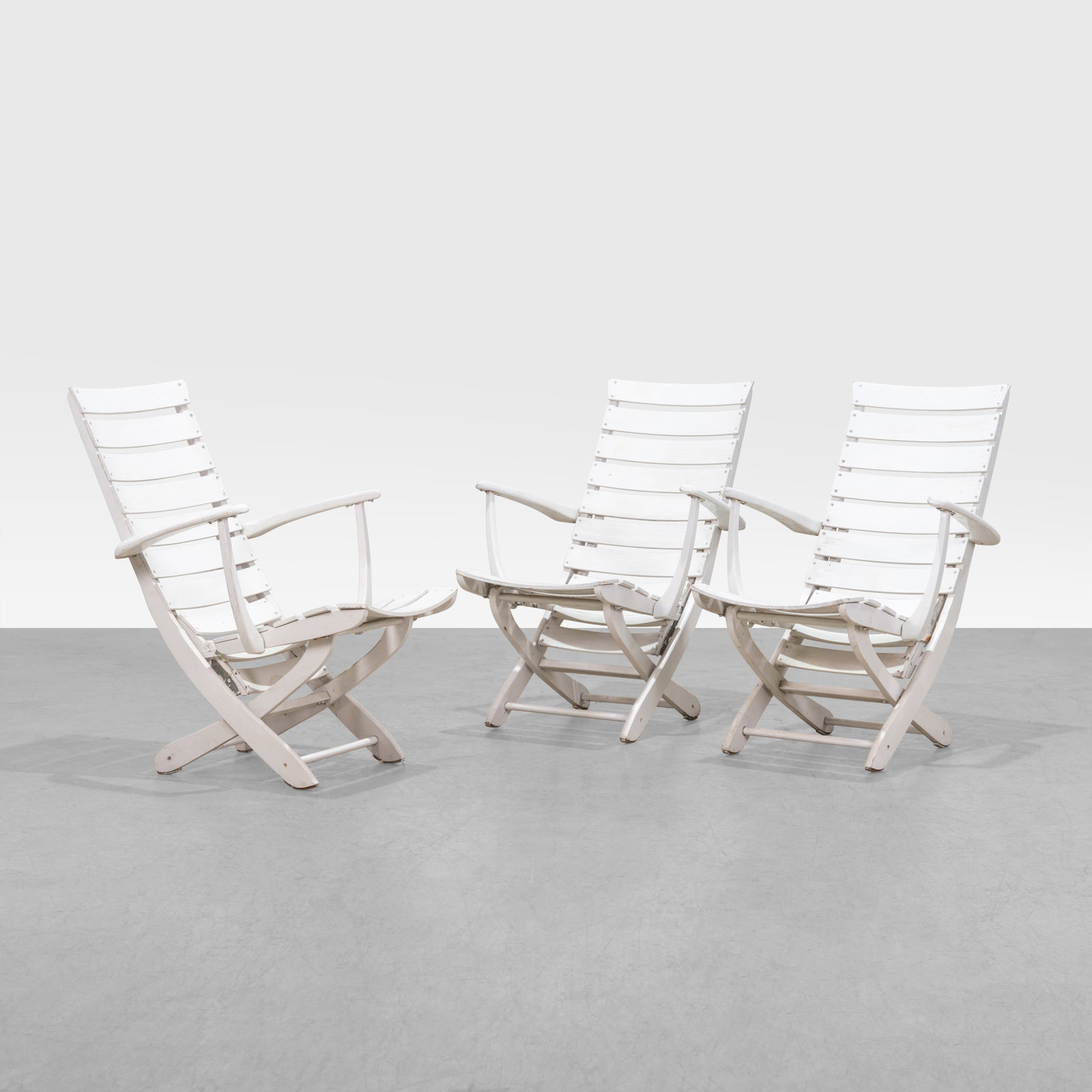 French Patio Chairs: A set of three adjustable French'Riviera' patio chairs by Triconfort. All measurements are in inches. Height x Width x Depth