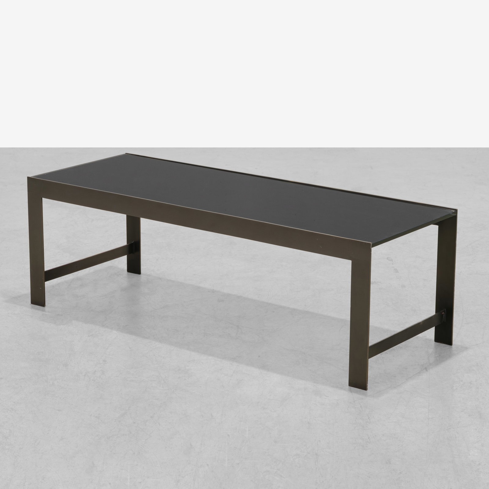 Steel & Glass Coffee Table: A bronze-finished steel and black glass coffee table. Scuffs and scratches. All measurements are in inches. Height x Width x Depth