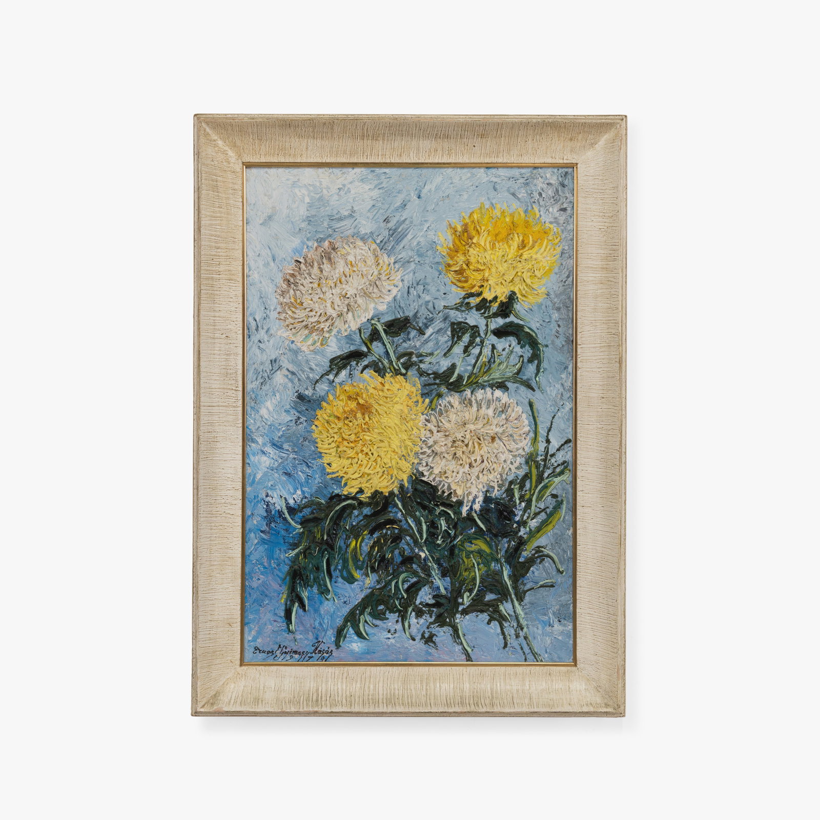 Abstract Floral Oil on Canvas: A abstract oil painting on canvas of chrysanthemums. Illegibly signed and dated, lower left. All measurements are in inches. Height x Width x Depth