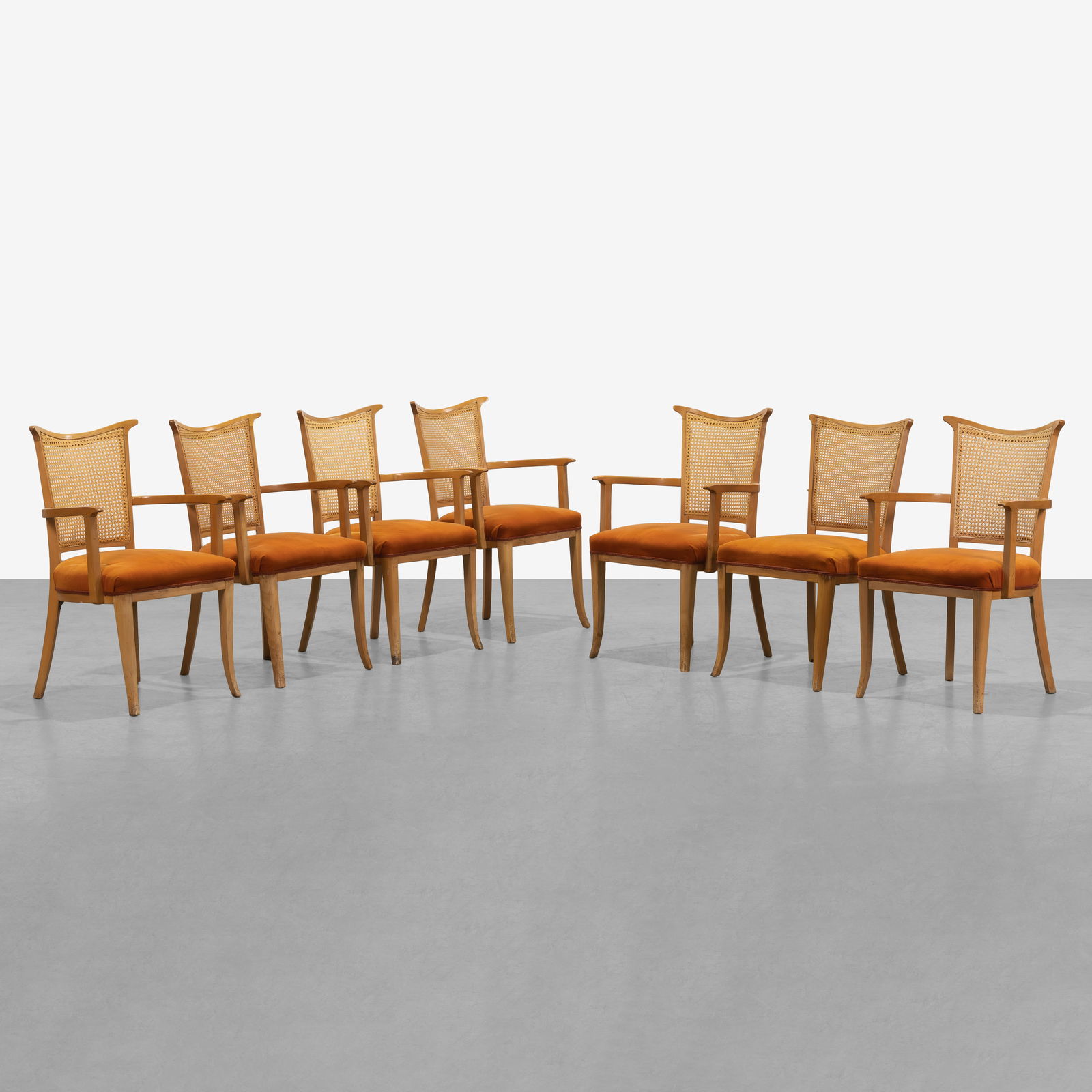 Caned Dining Chairs: A set of six vintage dining chairs with caned backs. All measurements are in inches. Height x Width x Depth