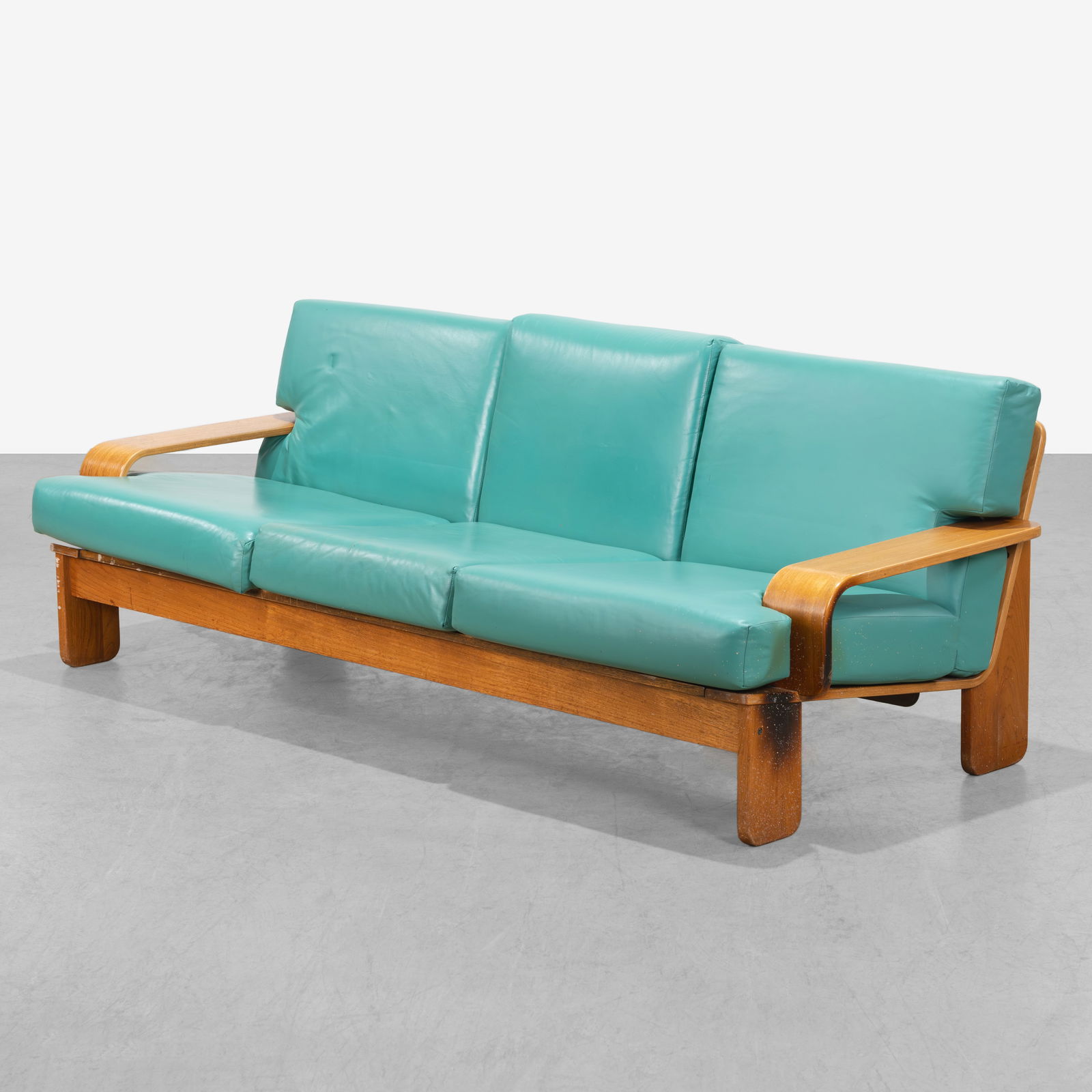 Bentwood Sofa: A vintage bentwood sofa with leather cushions. All measurements are in inches. Height x Width x Depth