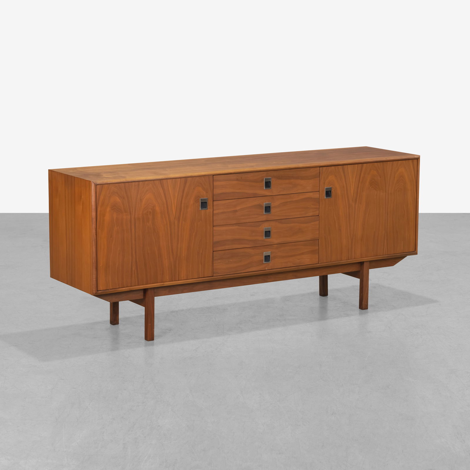Teak Credenza: A vintage teak credenza. Unmarked. All measurements are in inches. Height x Width x Depth