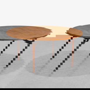 Jens Risom - Dining Table: A walnut dining table with metal feet by Jens Risom. All measurements are in inches. Height x Width x Depth