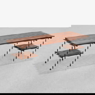 Pipsan Saarinen - Bench: A redwood slat bench on iron base by Pipsan Saarinen for Ficks Reed Co.. All measurements are in inches. Height x Width x Depth