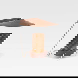Modernist Copper Table Lamp: A vintage modernist lamp in copper, aluminum and walnut. All measurements are in inches. Height x Width x Depth