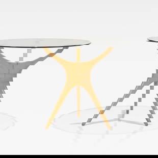Vladimir Kagan - Tri-Symmetric Table: A glass top 'Tri-Symmetric' table by Vladimir Kagan. All measurements are in inches. Height x Width x Depth