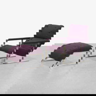 Milo Baughman (After) - Lounge Set: A vintage lounge chair and ottoman with flat bar chrome frame. In the manner of Milo Baughman. Upholstered in Loro Piana wool fabric. All measurements are in inches. Height x Width x Depth