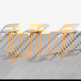 Alvar Aalto (Attr.) - Counter Stools.: A set of three counter height stools, attributed to Alvar Aalto's 'K65' stool. Unmarked. Seat height - 23.75". All measurements are in inches. Height x Width x Depth