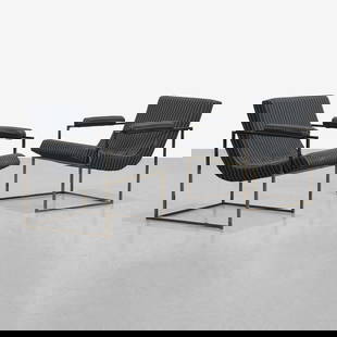Milo Baughman - Cube Chairs: A pair of lounge chairs with gun metal cube frames and 'scoop' seats by Milo Baughman for Thayer Coggin. All measurements are in inches. Height x Width x Depth