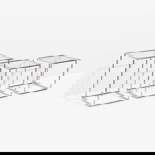 Poul Cadovius - Abstract Tables: A set of three 'Abstracta' tables by Poul Cadovius. Dimensions listed for the taller shelf. Short - 18.75". All measurements are in inches. Height x Width x Depth