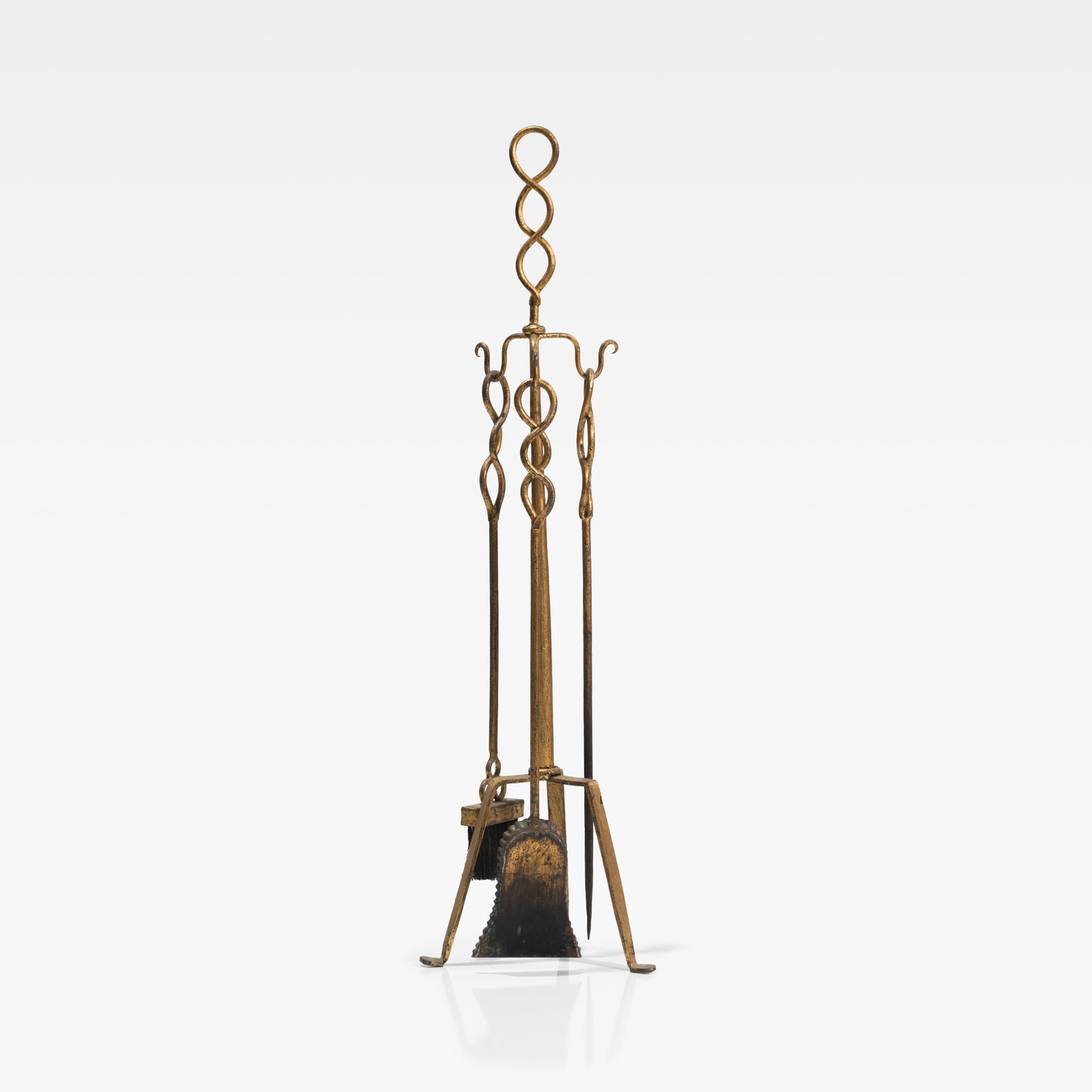 Gilt Iron Fireplace Tools: A set of gilt iron fireplace tools with turned handles. All measurements are in inches. Height x Width x Depth