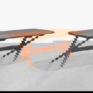 Fredrik Kayser - Dining Table: A teak 'Captain's' dining table by Fredrik Kayser for Gustav Bahus. WIth x-form trestle base and brass feet. Includes two leaves. Dimensions are for table without leaves. Leaf - 14" each. All measurem