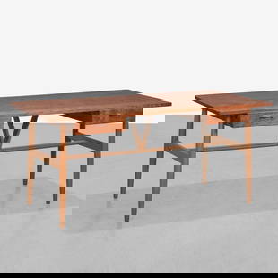 Hans Wegner - Wishbone Desk: A teak, oak and brass 'Wishbone' desk, model JH-563, by Hans Wegner for Johannes Hansen. Unmarked. All measurements are in inches. Height x Width x Depth