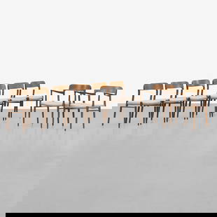Niels Moller - Dining Chairs: A set of eight dining chairs by Niels Moller, Models 75 & 77, for J. L. Moller, Denmark. Newly upholstered seats in Knoll fabric. All measurements are in inches. Height x Width x Depth