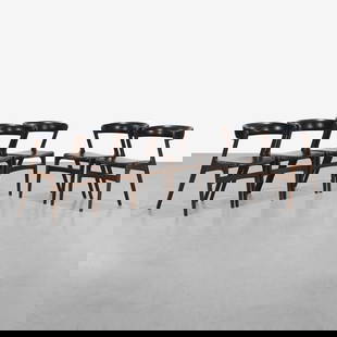 Kai Kristiansen - Dining Chairs: A set of six teak 'Fire' dining chairs by Kai Kristiansen in leatherette upholstery. All measurements are in inches. Height x Width x Depth