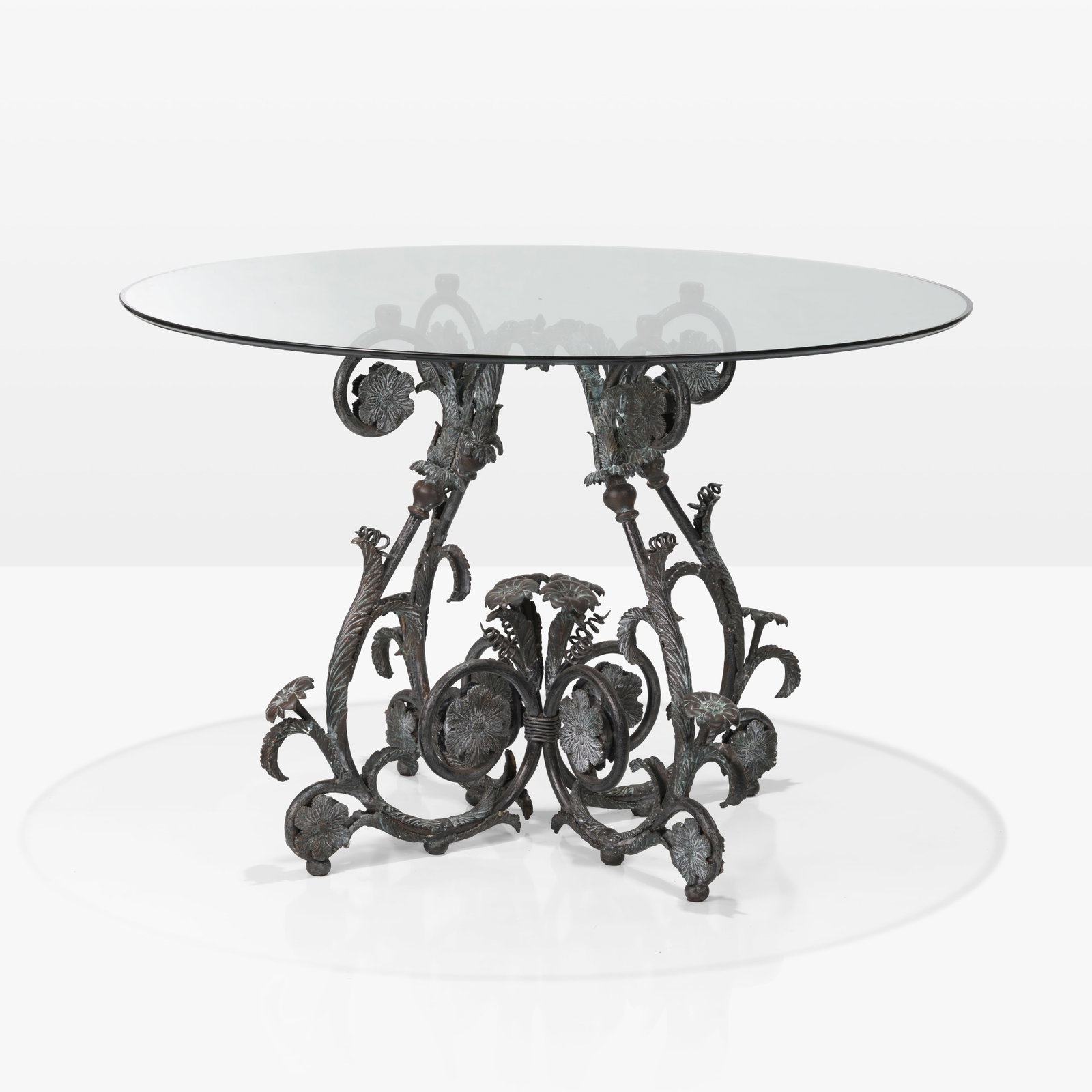 Bronze & Steel Floral Table: A bronze and steel floral table with beveled glass top. All measurements are in inches. Height x Width x Depth
