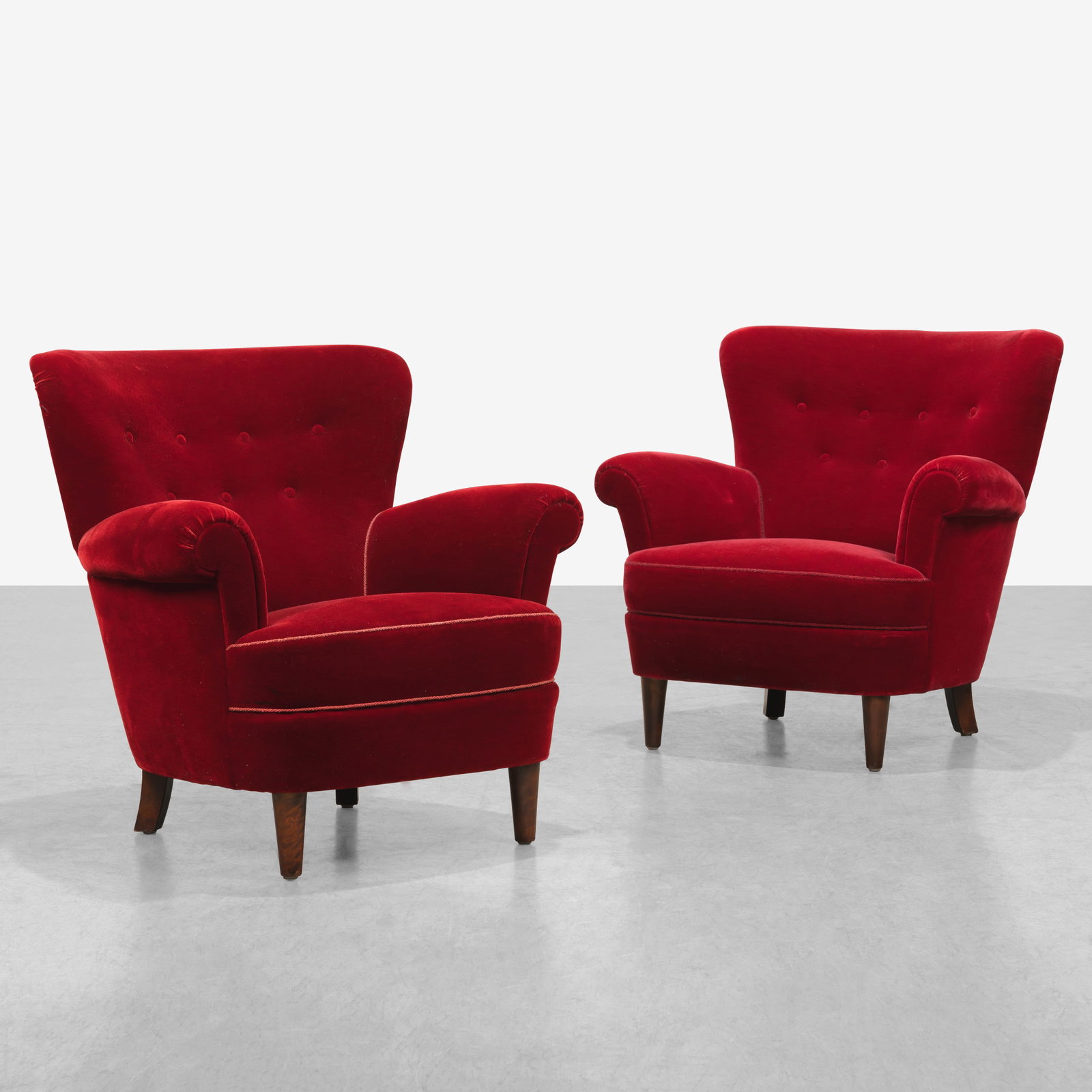 Swedish Club Chairs: A pair of Swedish club chairs in red mohair. All measurements are in inches. Height x Width x Depth