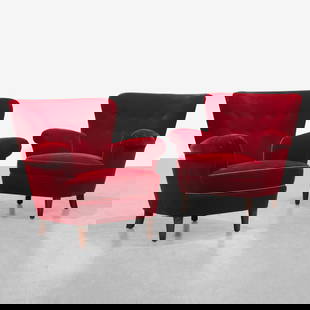 Swedish Club Chairs: A pair of Swedish club chairs in red mohair. All measurements are in inches. Height x Width x Depth