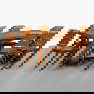 Osvaldo Borsani - Dining Table & Chairs: A rare dining table and chairs by Osvaldo Borsani in walnut, macassar, leather and nickeled brass. Chairs - 35.5" x 17.75" x 21.5". Dimensions listed are for table. All measurements are in inches. Hei
