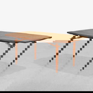George Nakashima - Dining Table: A vintage dining table from the 'Origins' line by George Nakashima for Widdicomb. Includes one 22" leaf. All measurements are in inches. Height x Width x Depth
